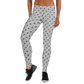 Front view of a woman wearing grey bitcoin leggings.