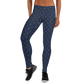 Front view of a woman wearing navy blue bitcoin leggings.