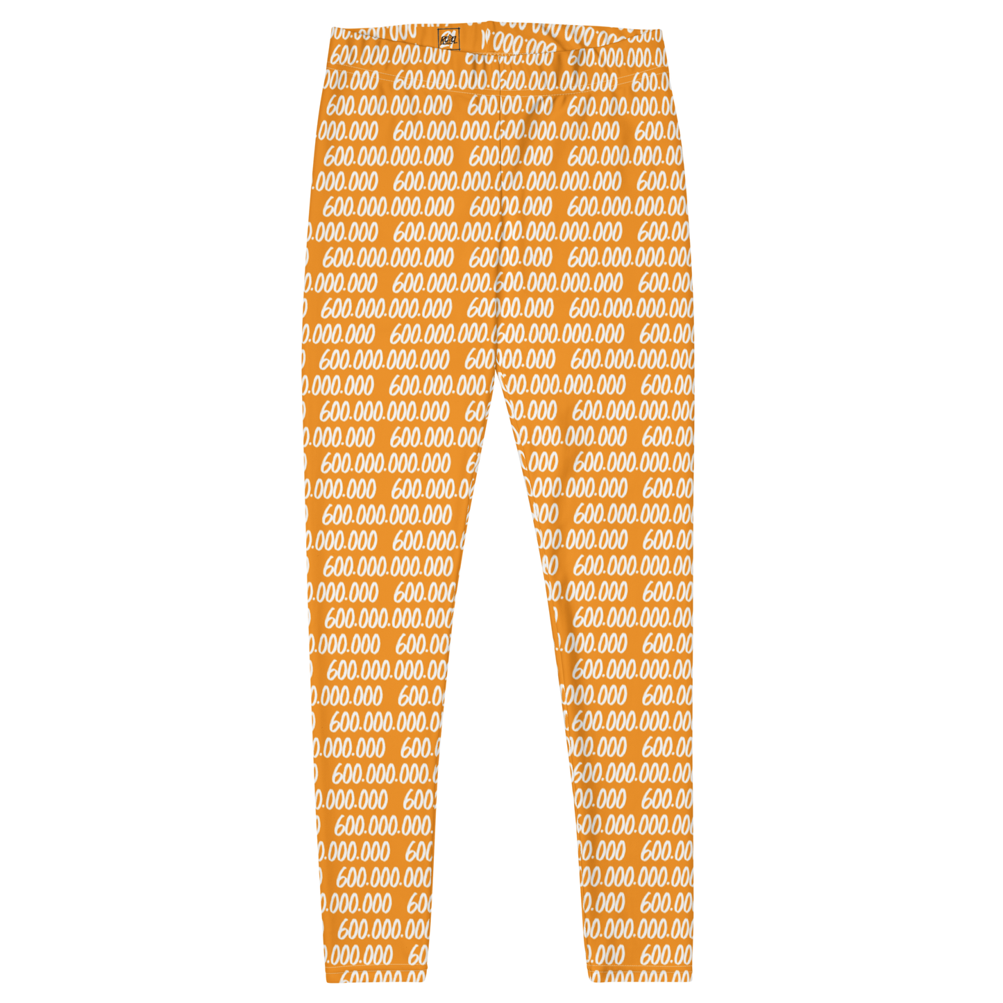 Front view of orange bitcoin leggings.