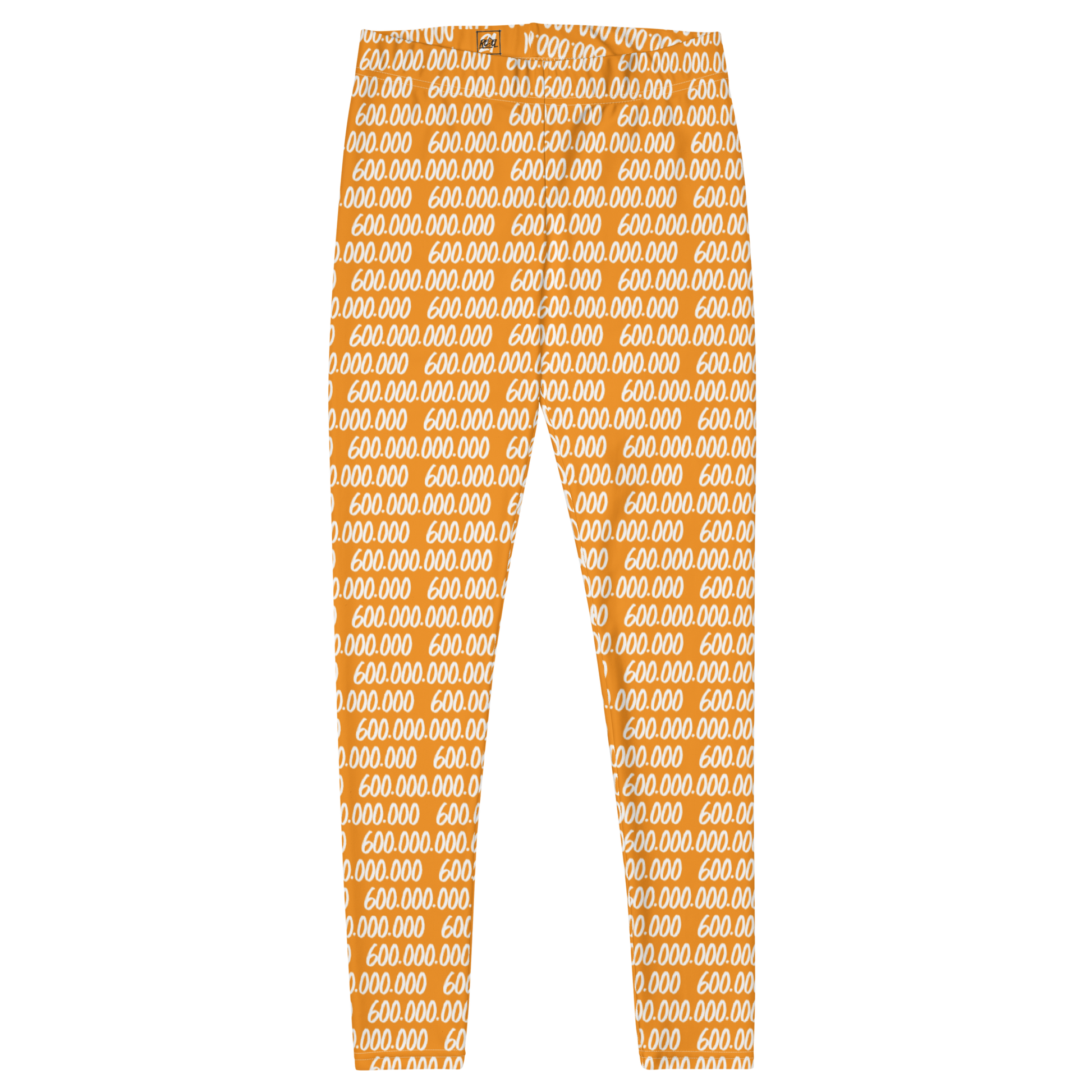 Front view of orange bitcoin leggings.