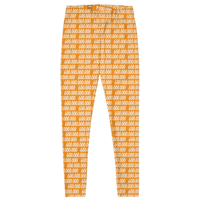 Front view of orange bitcoin leggings.