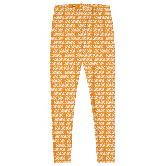 Front view of orange bitcoin leggings.