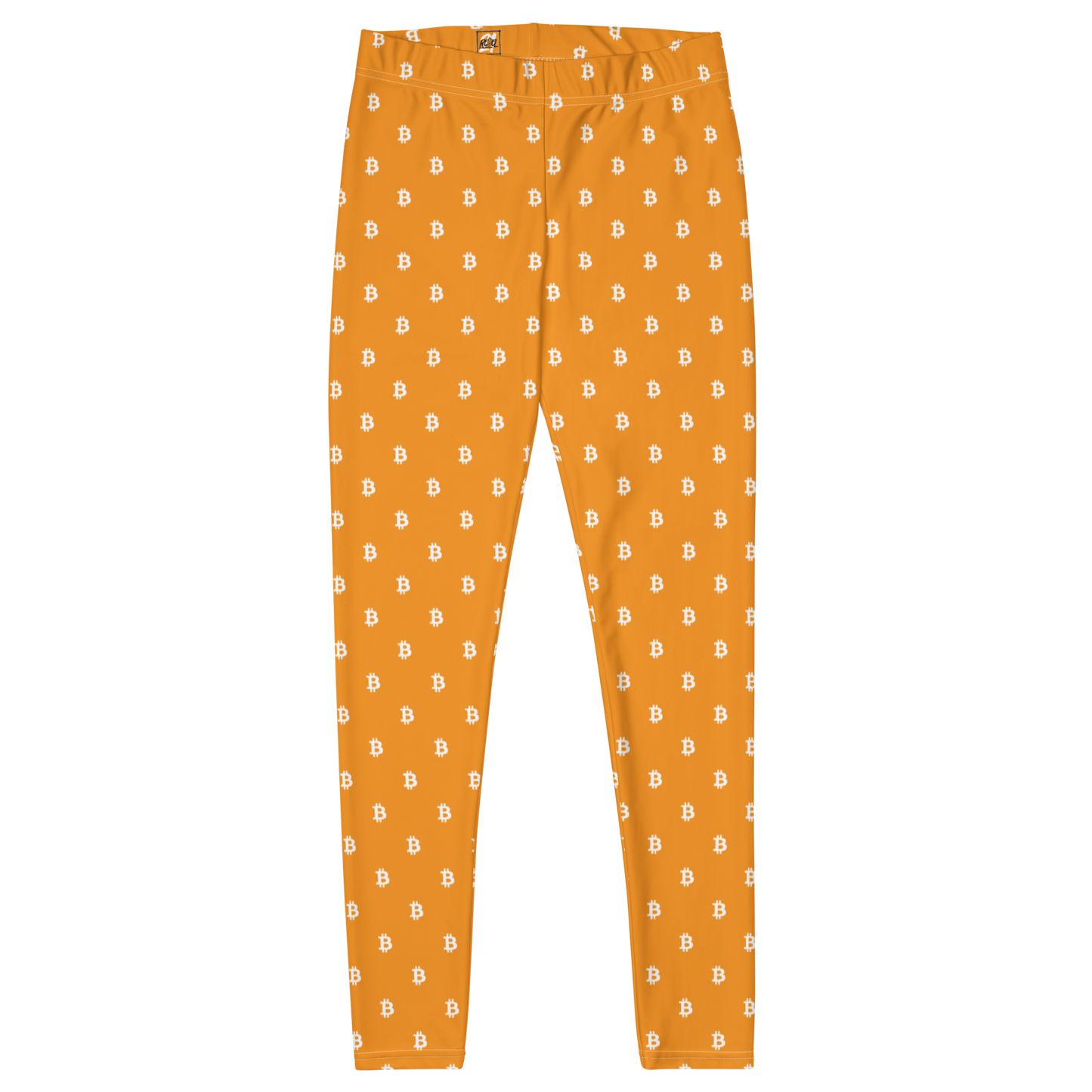 Front view of orange bitcoin leggings.