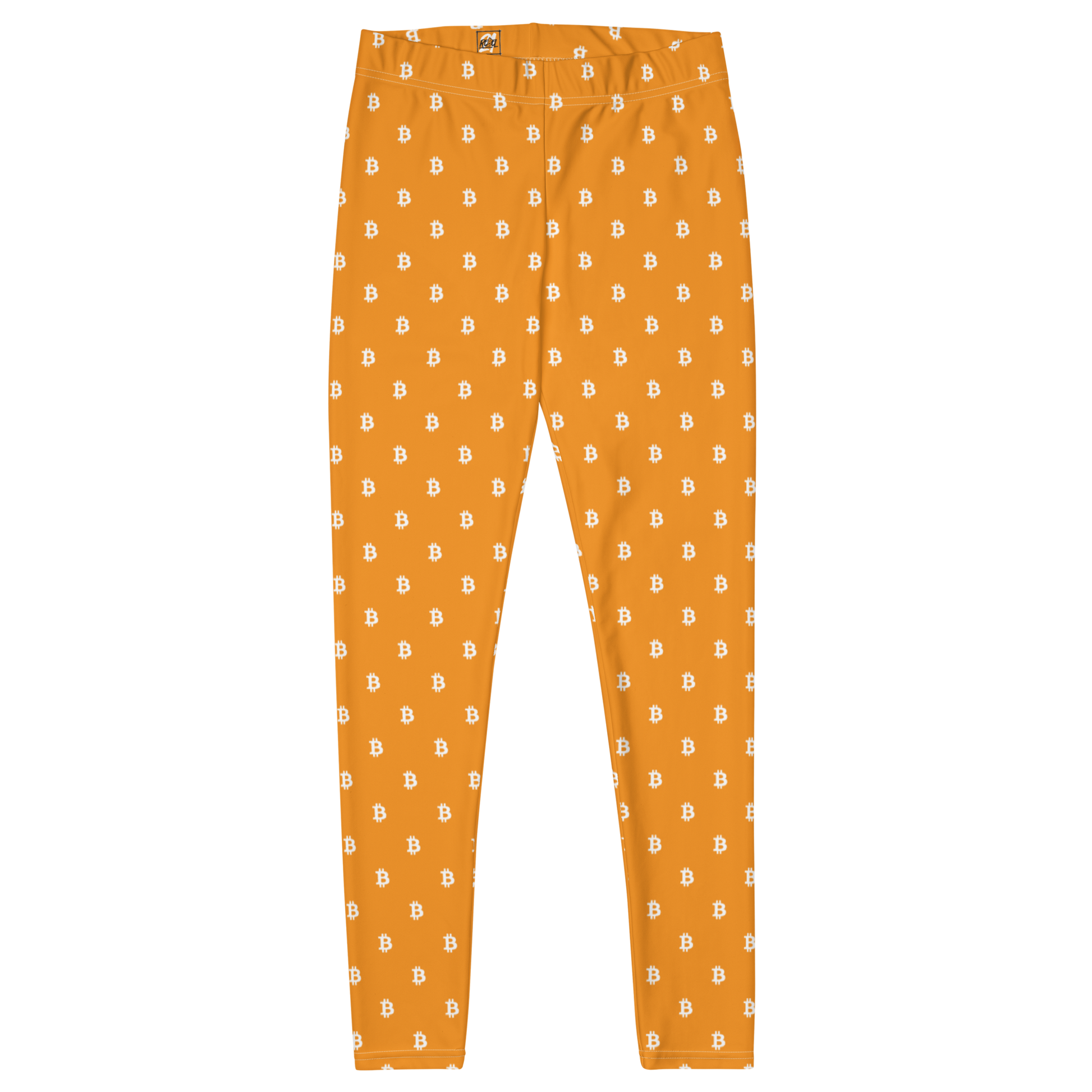 Front view of orange bitcoin leggings.