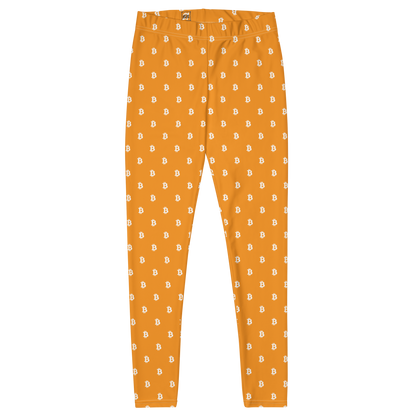 Front view of orange bitcoin leggings.