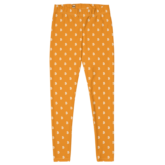 Front view of orange bitcoin leggings.