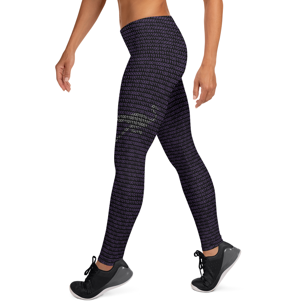 Side view of a woman wearing purple nostr leggings.