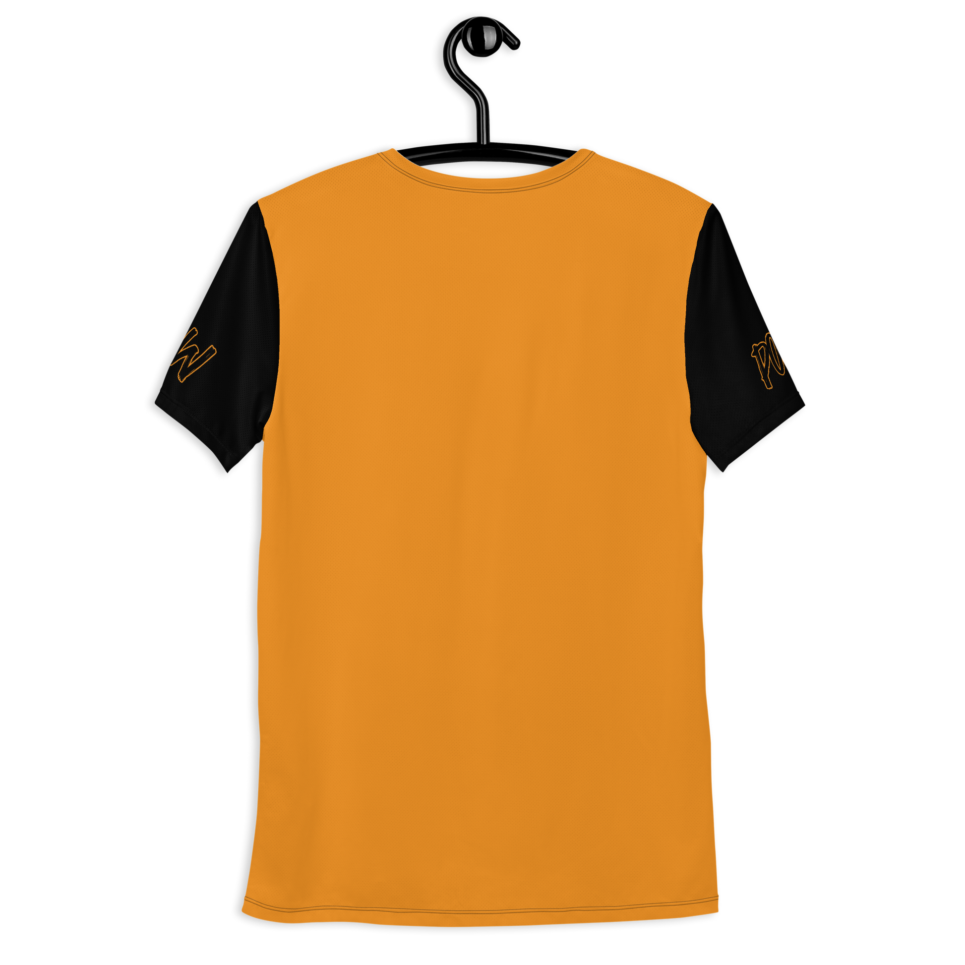 Back view of an orange and black bitcoin athletic shirt for men.