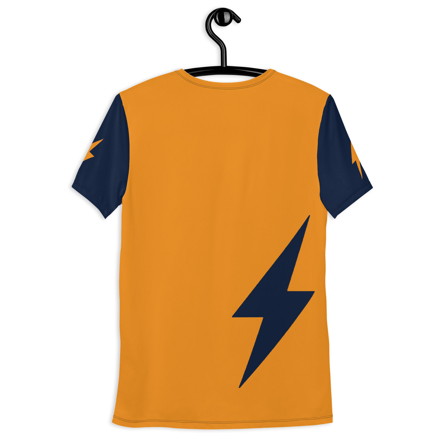 Back view of an orange and navy blue bitcoin athletic shirt for men.