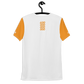 Back view of a white and orange bitcoin athletic shirt for men.