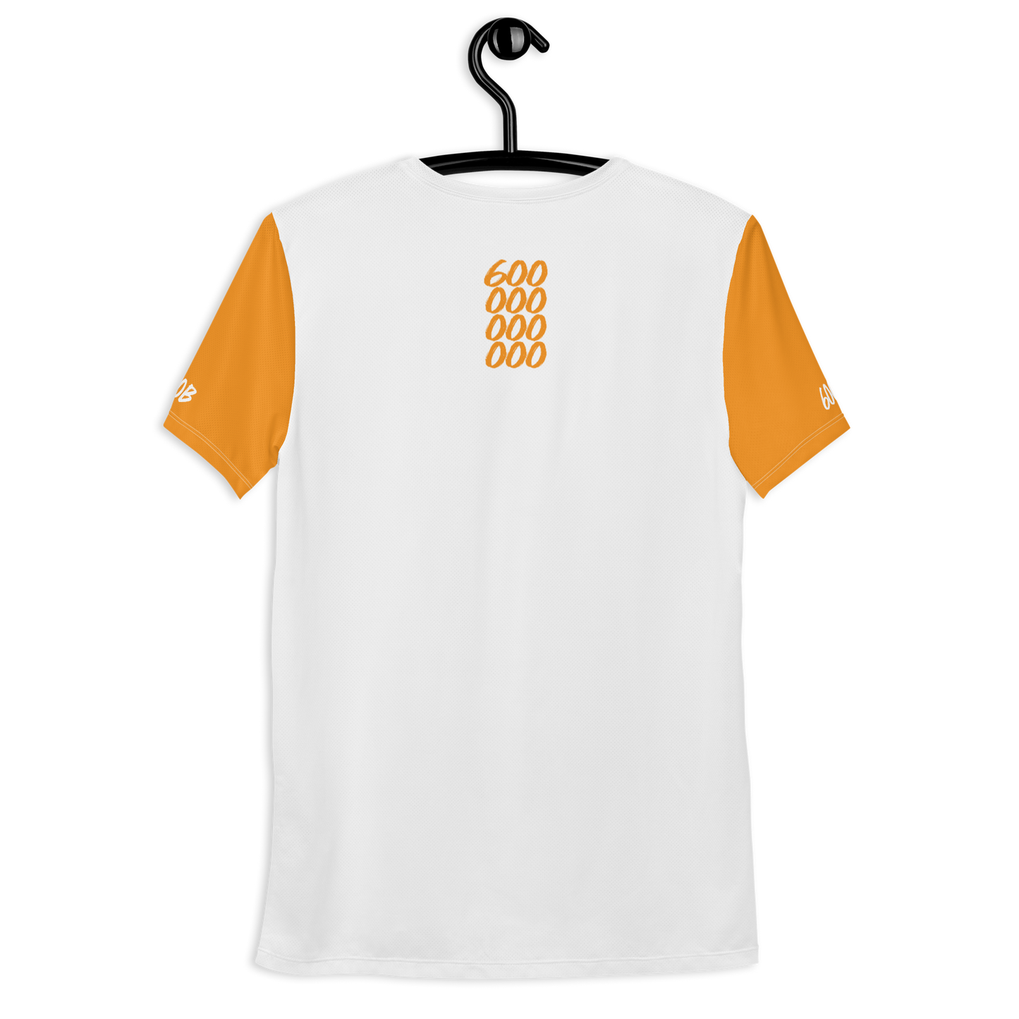 Back view of a white and orange bitcoin athletic shirt for men.