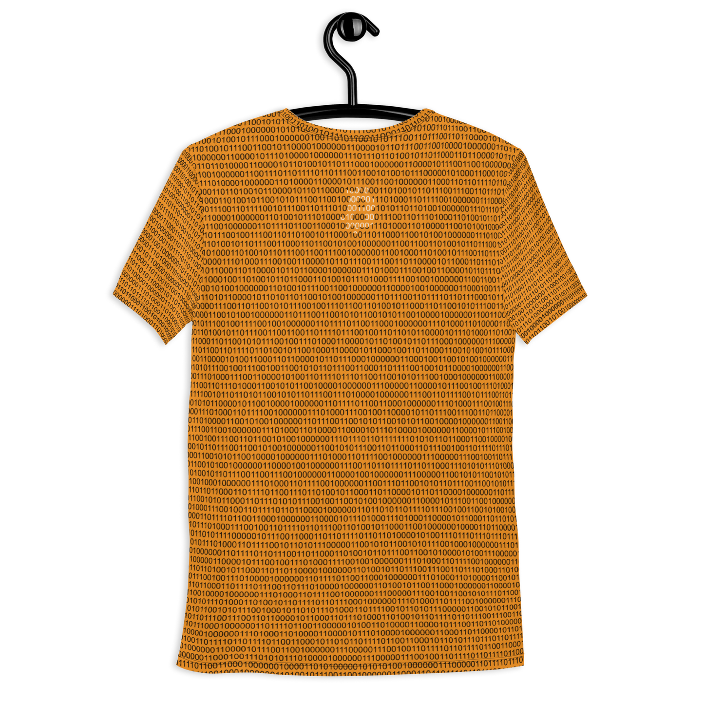 Back view of an orange bitcoin athletic shirt for men.