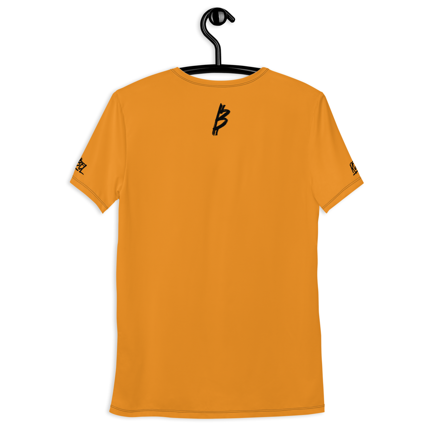 Back view of an orange bitcoin athletic shirt for men.