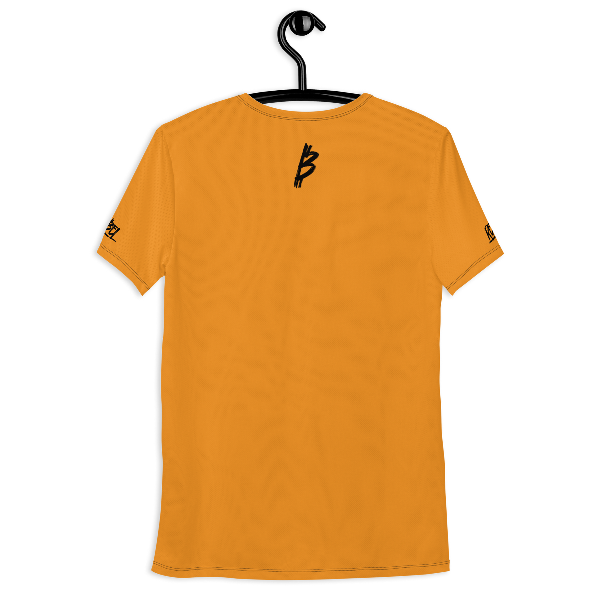 Back view of an orange bitcoin athletic shirt for men.