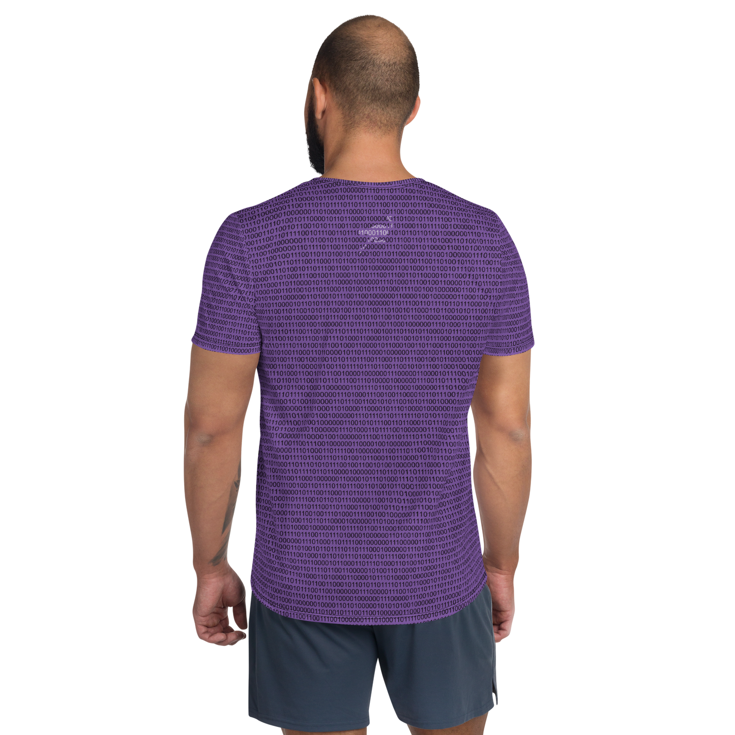 Back view of a man wearing a purple nostr athletic shirt for men.