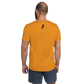 Back view of a man wearing an orange bitcoin athletic shirt for men.