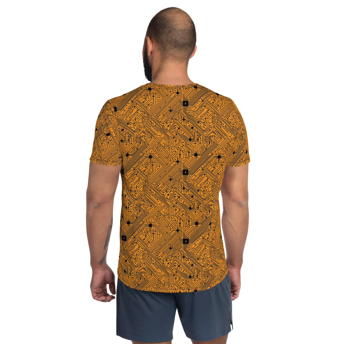 Back view of a man wearing an orange bitcoin athletic shirt for men.