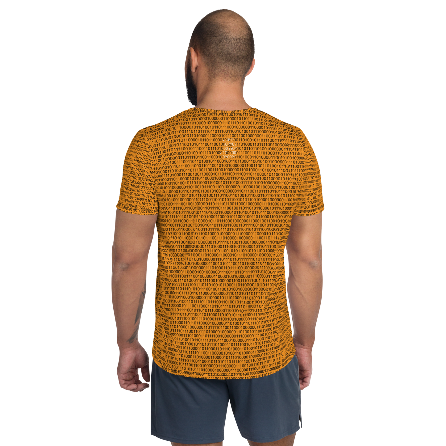 Back view of a man wearing an orange bitcoin athletic shirt for men.