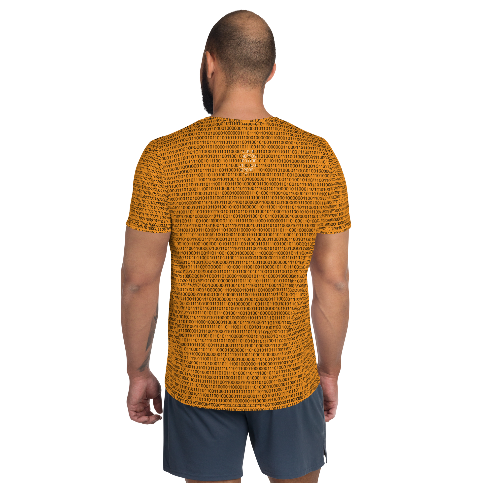 Back view of a man wearing an orange bitcoin athletic shirt for men.