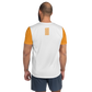 Back view of a man wearing a white and orange bitcoin athletic shirt for men.