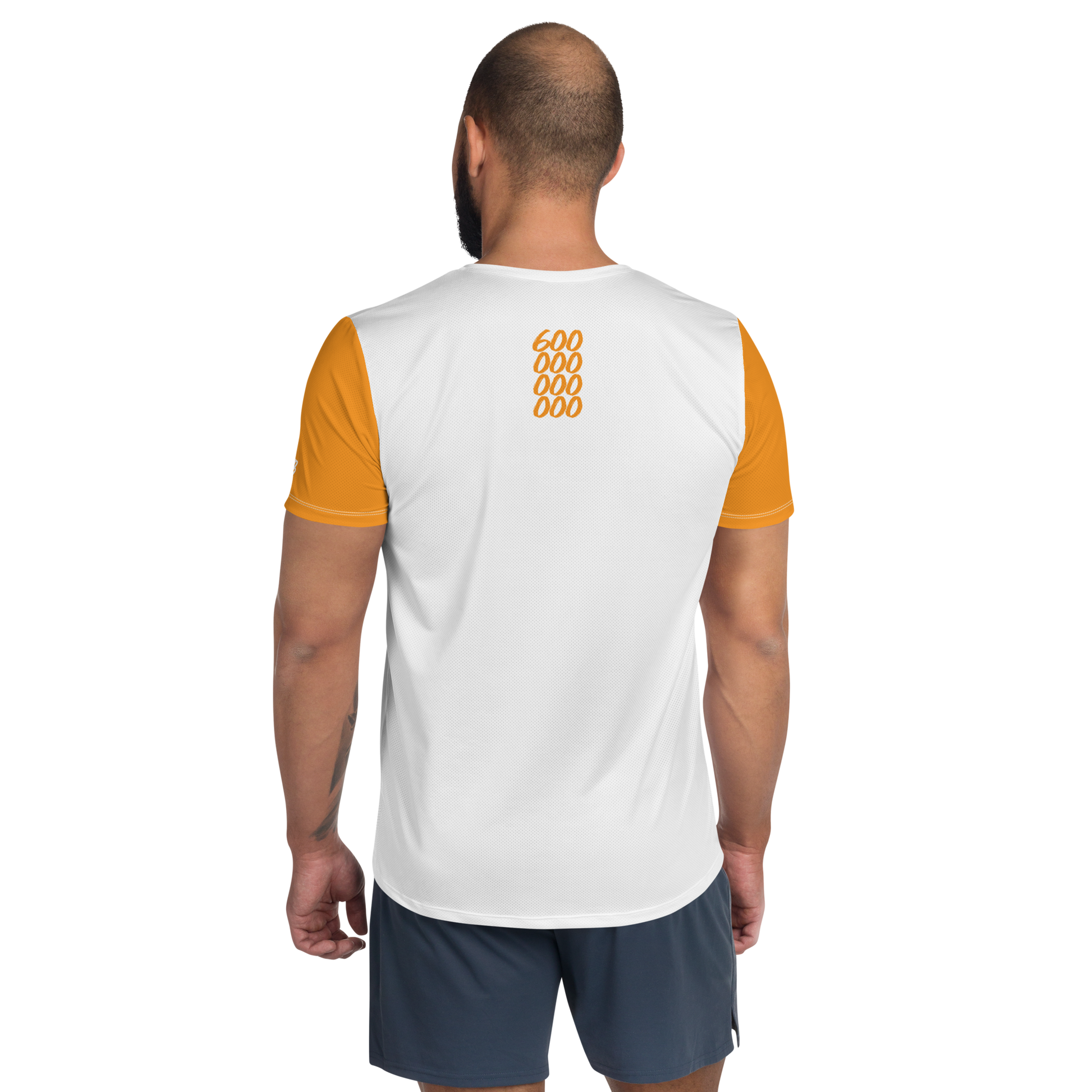 Back view of a man wearing a white and orange bitcoin athletic shirt for men.