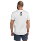 Back view of a man wearing a white bitcoin athletic shirt for men.