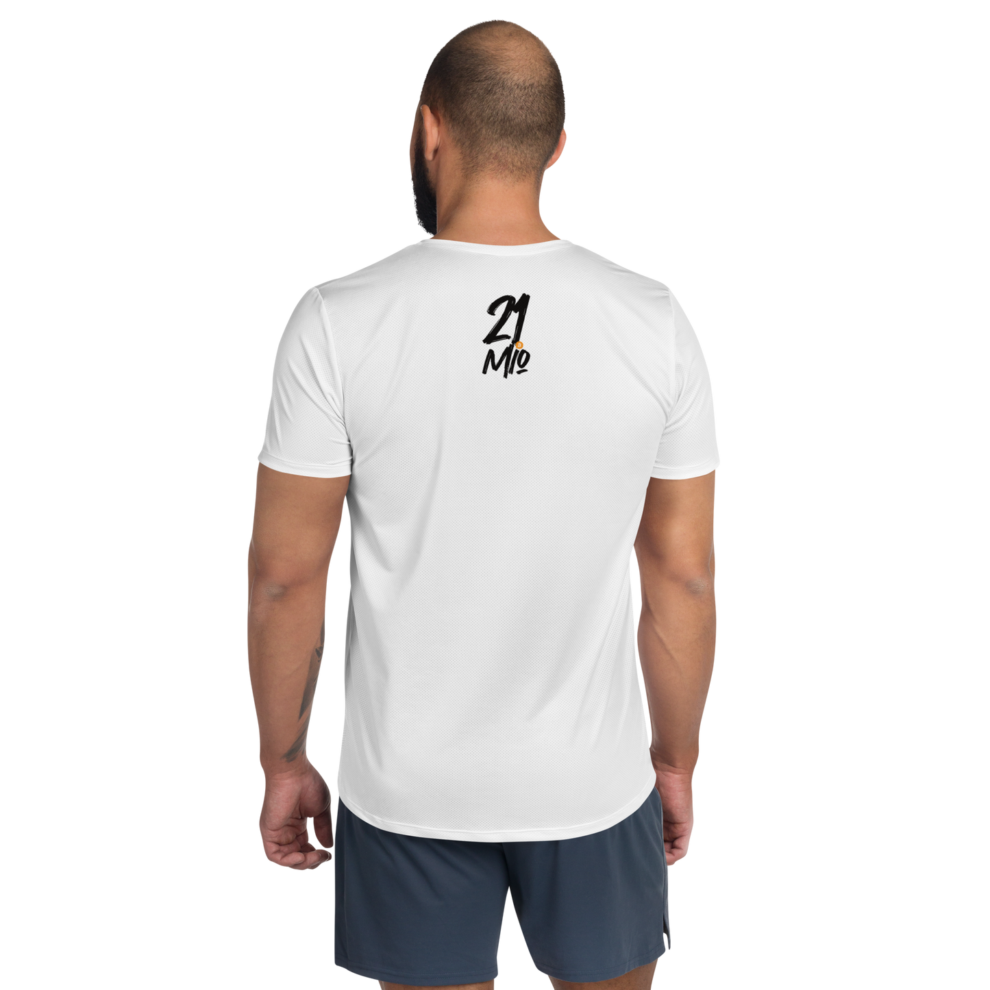 Back view of a man wearing a white bitcoin athletic shirt for men.