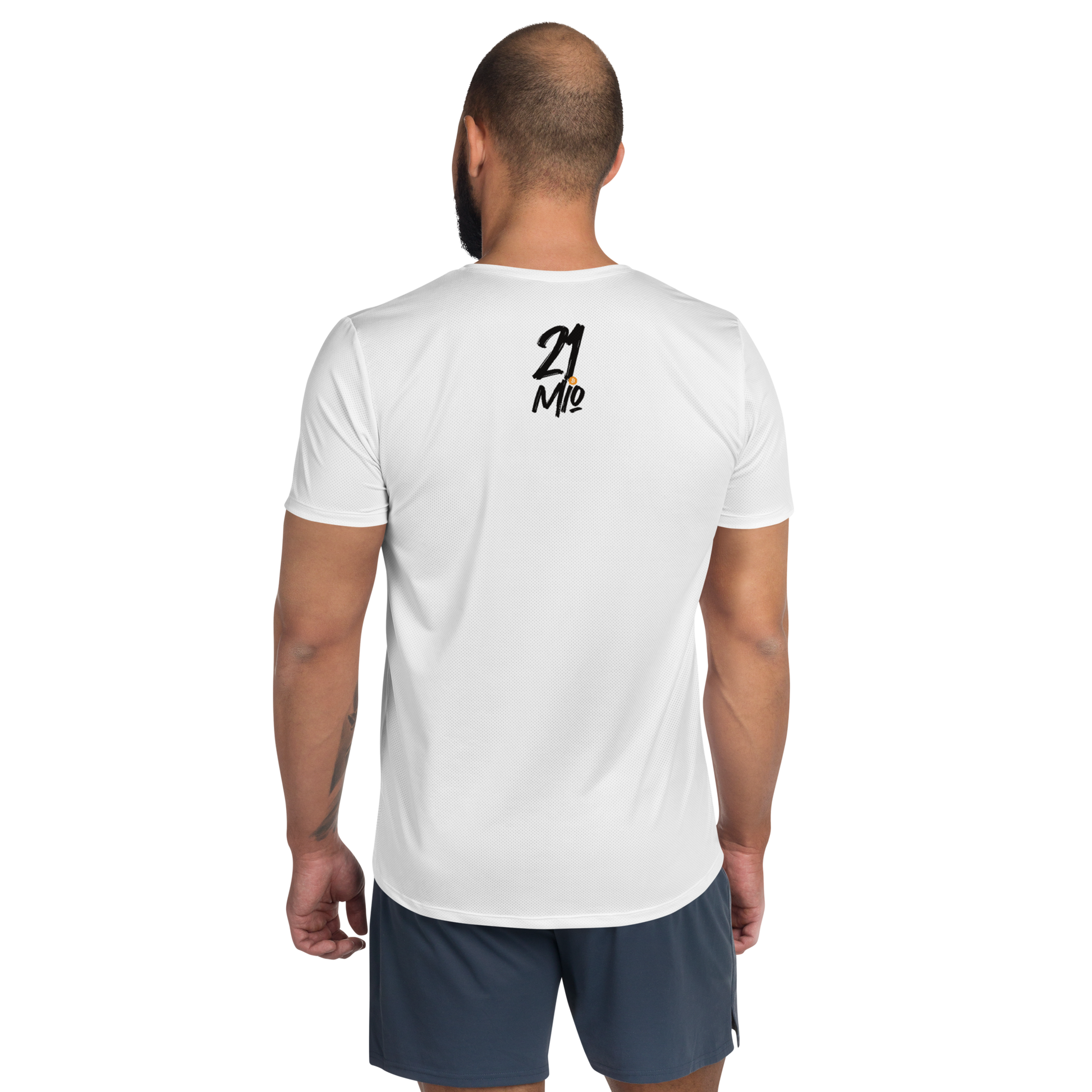 Back view of a man wearing a white bitcoin athletic shirt for men.