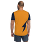 Back view of a man wearing an orange and navy blue bitcoin athletic shirt for men.