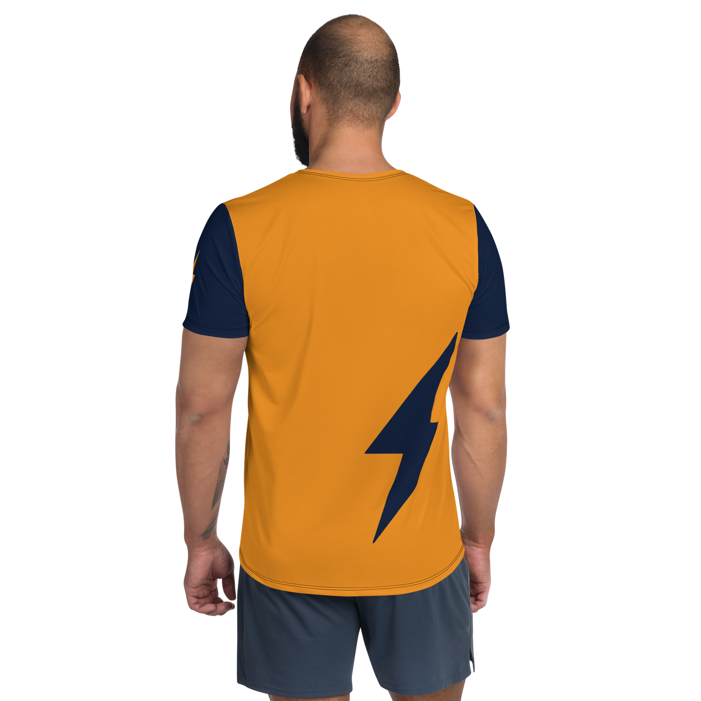 Back view of a man wearing an orange and navy blue bitcoin athletic shirt for men.