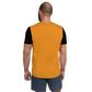 Back view of a man wearing an orange and black bitcoin athletic shirt for men.