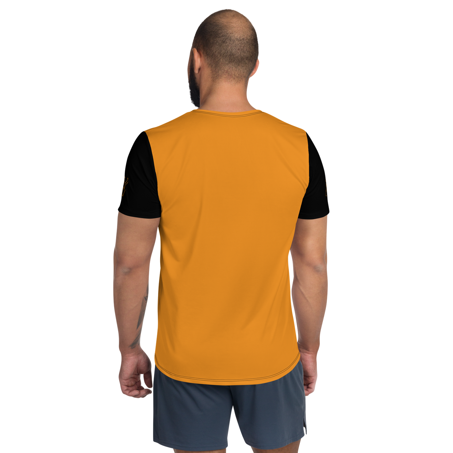 Back view of a man wearing an orange and black bitcoin athletic shirt for men.