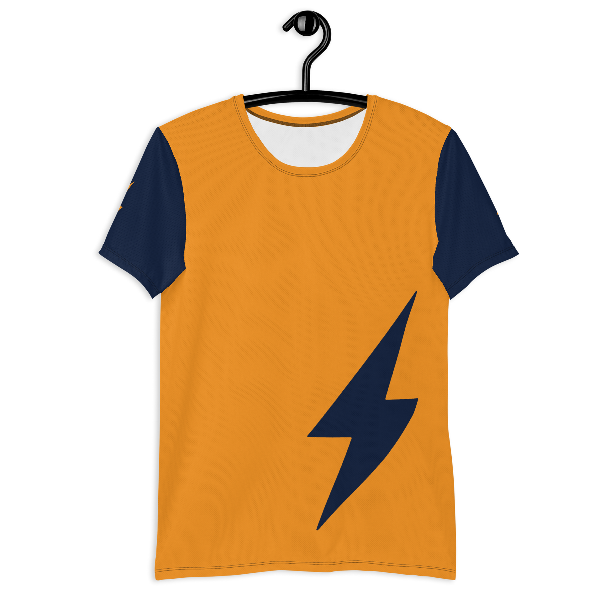 Front view of an orange and navy blue bitcoin athletic shirt for men.