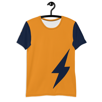 Front view of an orange and navy blue bitcoin athletic shirt for men.