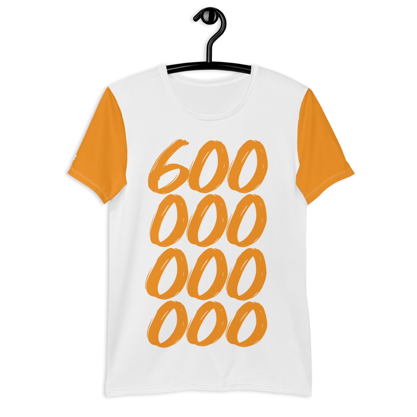 Front view of a white and orange bitcoin athletic shirt for men.