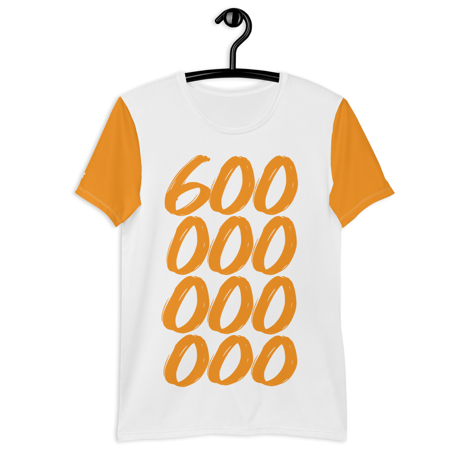 Front view of a white and orange bitcoin athletic shirt for men.