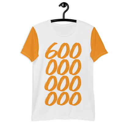 Front view of a white and orange bitcoin athletic shirt for men.