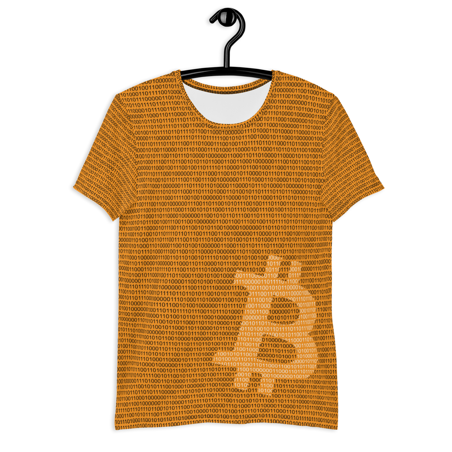 Front view of an orange bitcoin athletic shirt for men.