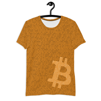 Front view of an orange bitcoin athletic shirt for men.