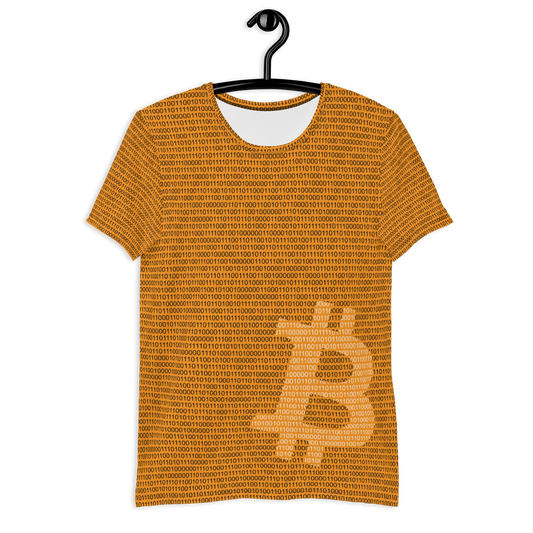 Front view of an orange bitcoin athletic shirt for men.