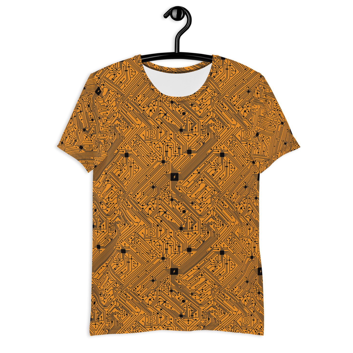 Front view of an orange bitcoin athletic shirt for men.