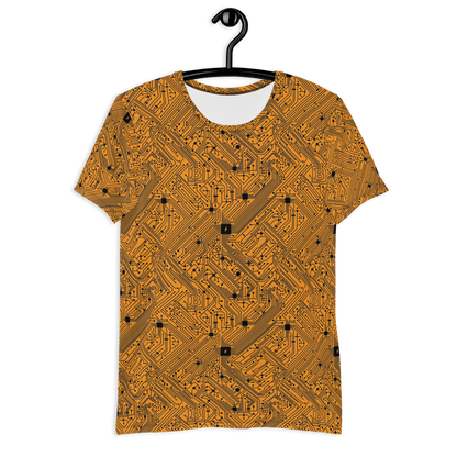 Front view of an orange bitcoin athletic shirt for men.