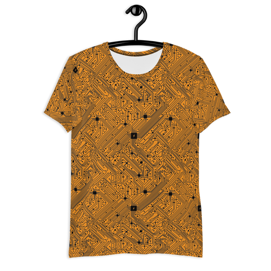 Front view of an orange bitcoin athletic shirt for men.