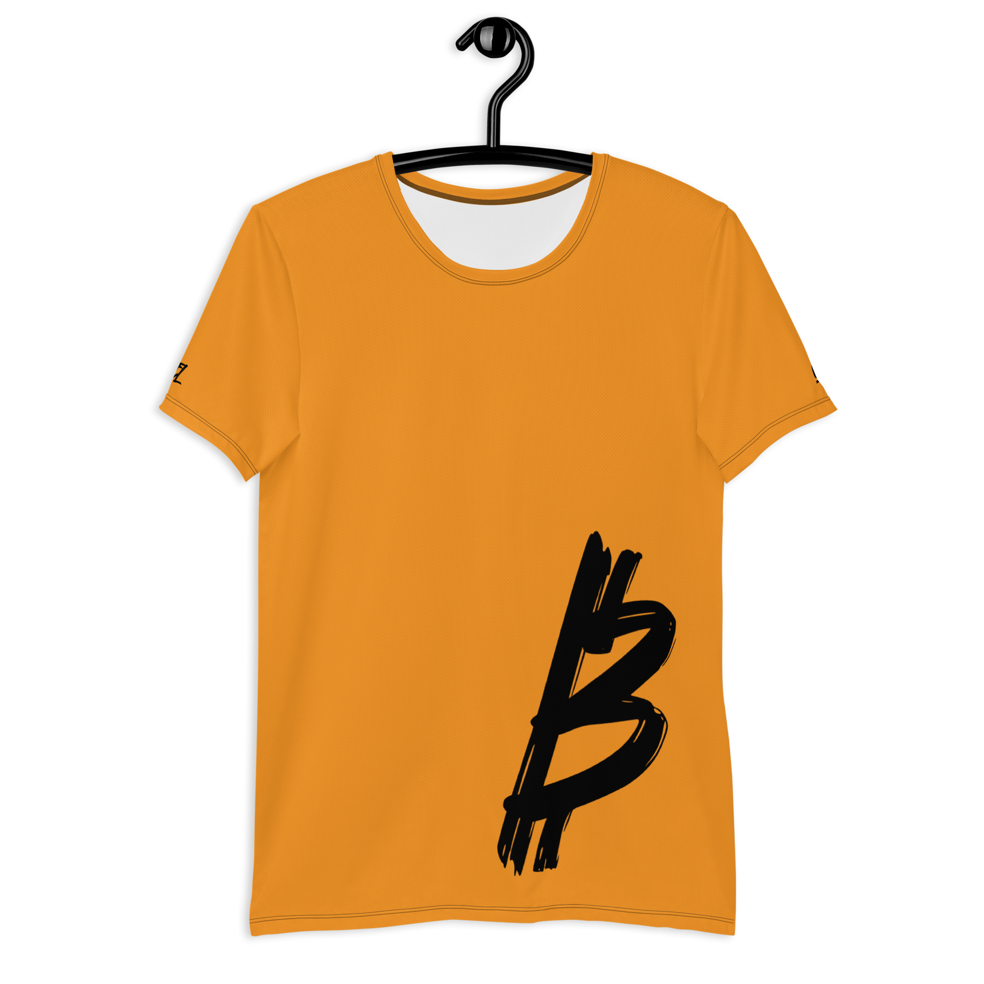 Front view of an orange bitcoin athletic shirt for men.