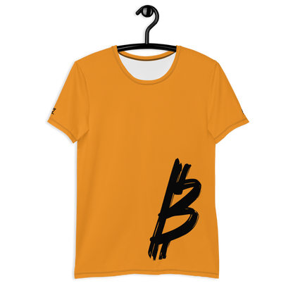 Front view of an orange bitcoin athletic shirt for men.