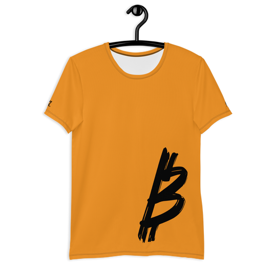 Front view of an orange bitcoin athletic shirt for men.