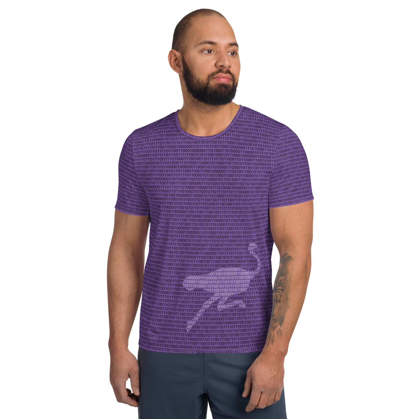 Front view of a man wearing a purple nostr athletic shirt for men.