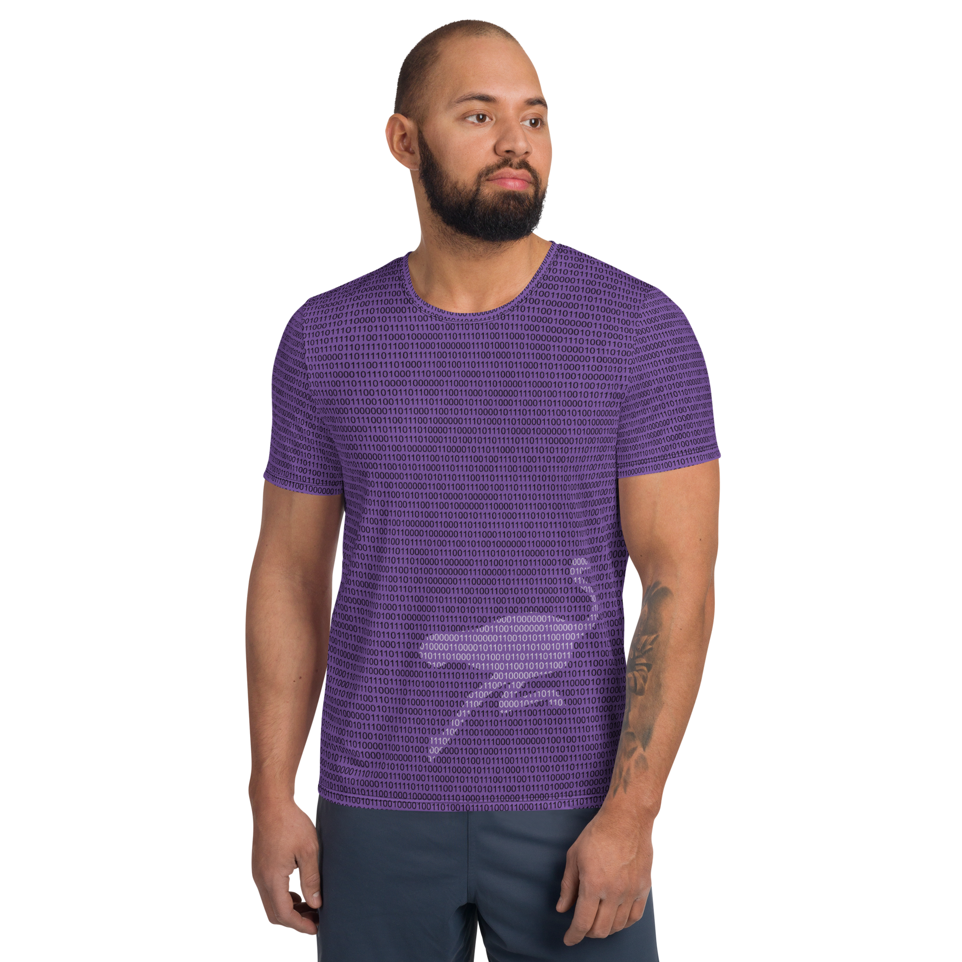 Front view of a man wearing a purple nostr athletic shirt for men.