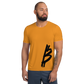 Front view of a man wearing an orange bitcoin athletic shirt for men.