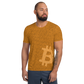 Front view of a man wearing an orange bitcoin athletic shirt for men.